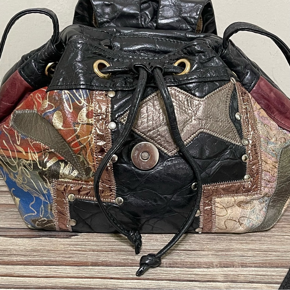 Leather Patchwork Crossbody Bag Drawstring Bucket… - image 10